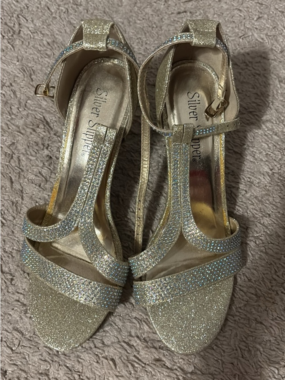 Silver Steps Gold Glitter T-Strap Heels with Rhinestone Accents
